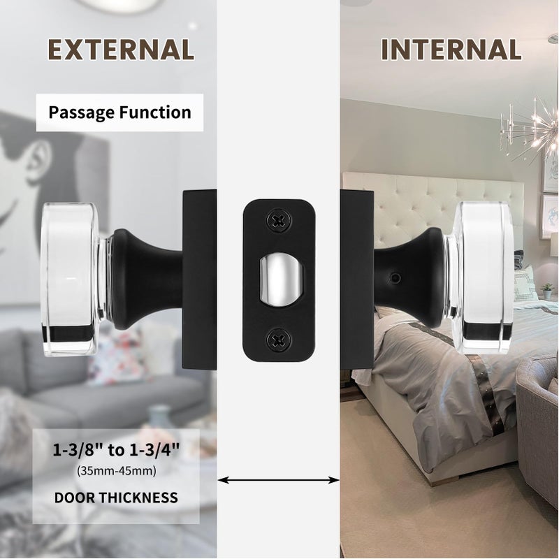 naubea Matte Black Door Knob Crystal Door Knobs Interior Passage Door Knobs for Closet, Passage Glass Door Handle for Hall - Image 4